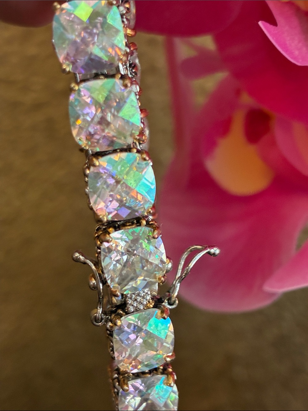 Sparkling Crystal Tennis Bracelet Aurora Borealis Cushion Cut Stones - Picture 3 of 7